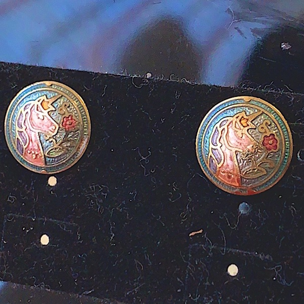 HP✨RARE Antique1970’s Cloisonné Jewelry Set, Mystical Unicorn Locket+Earring Set - Picture 14 of 17